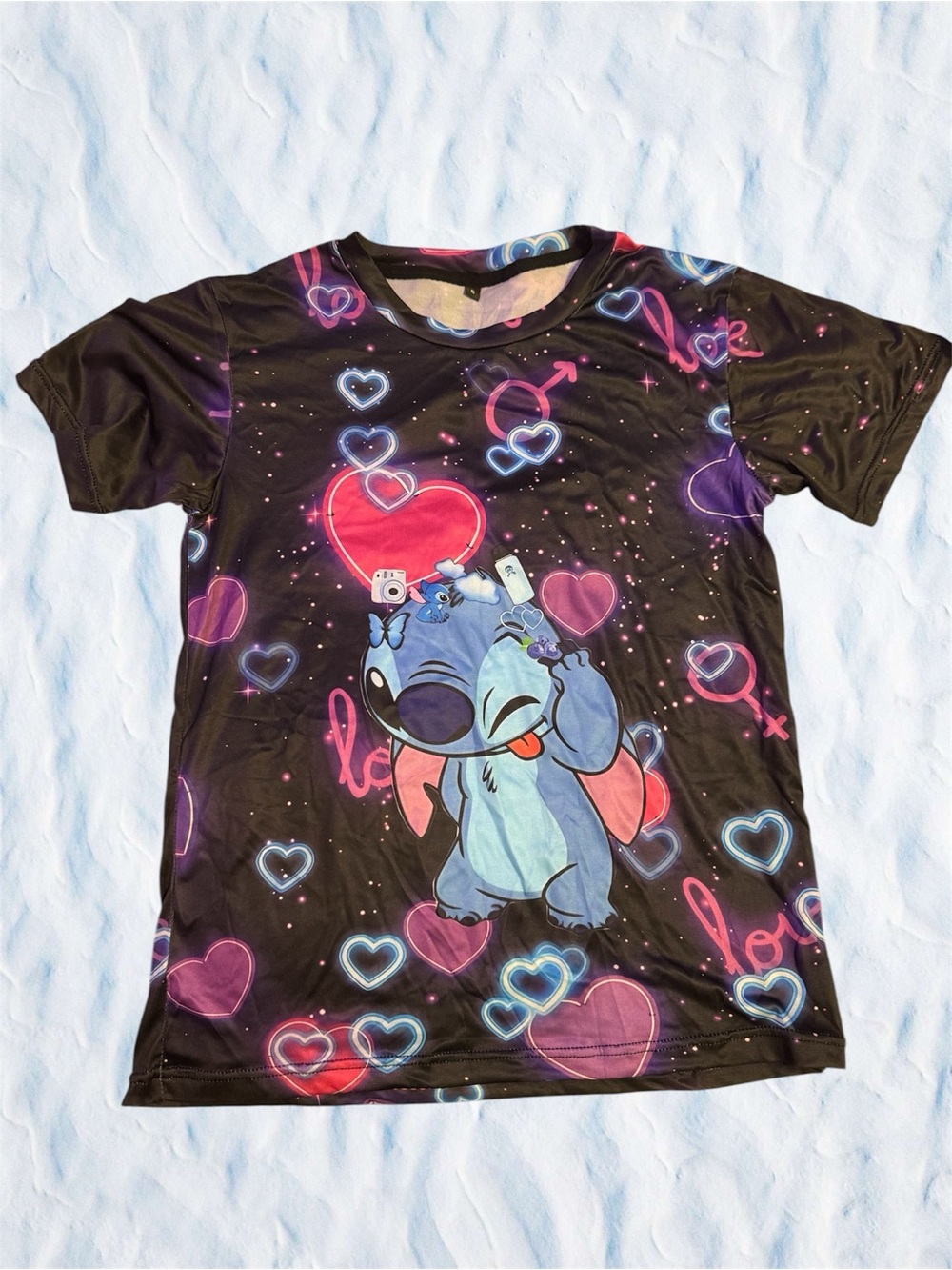 Stitch Graphic Tee with Neon Hearts - Black